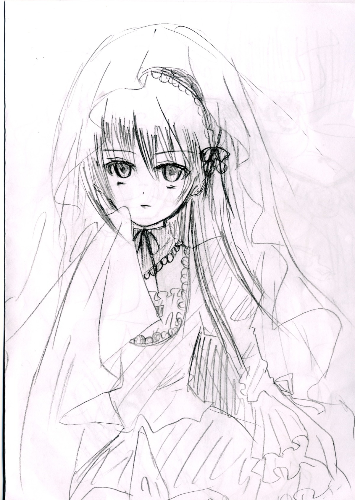 1girl blush curtains dress frills hairband image long_hair long_sleeves looking_at_viewer monochrome neck_ribbon ribbon simple_background solo suigintou veil very_long_hair