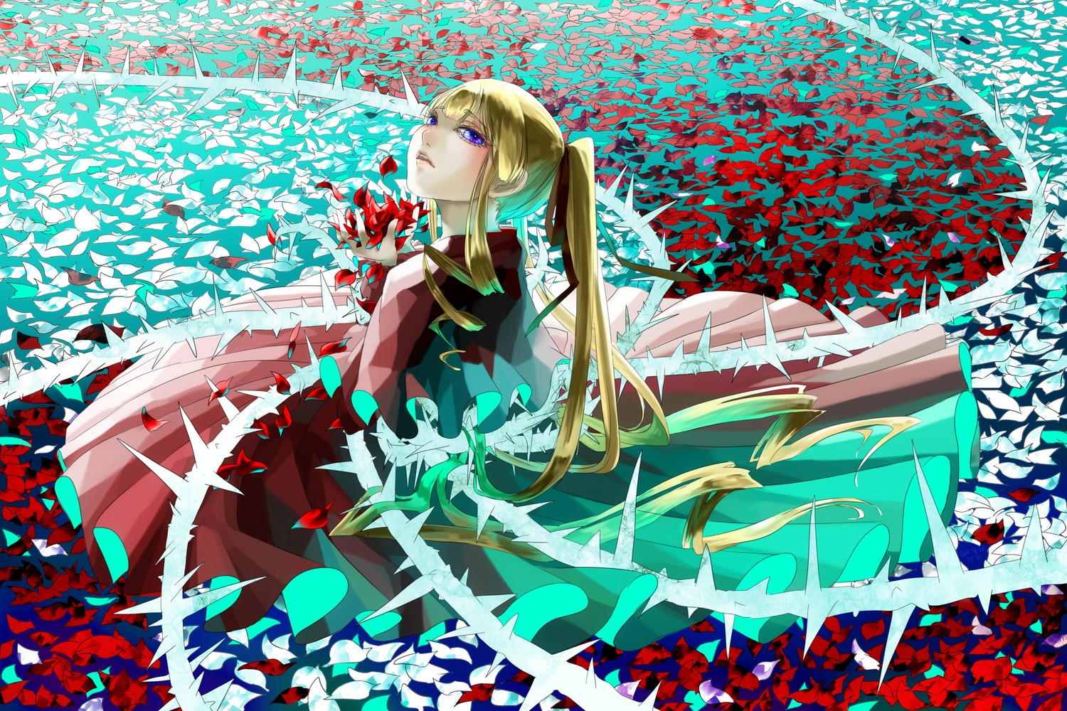 1girl blonde_hair blue_eyes flower image long_hair looking_back petals red_flower rose shinku solo spider_lily