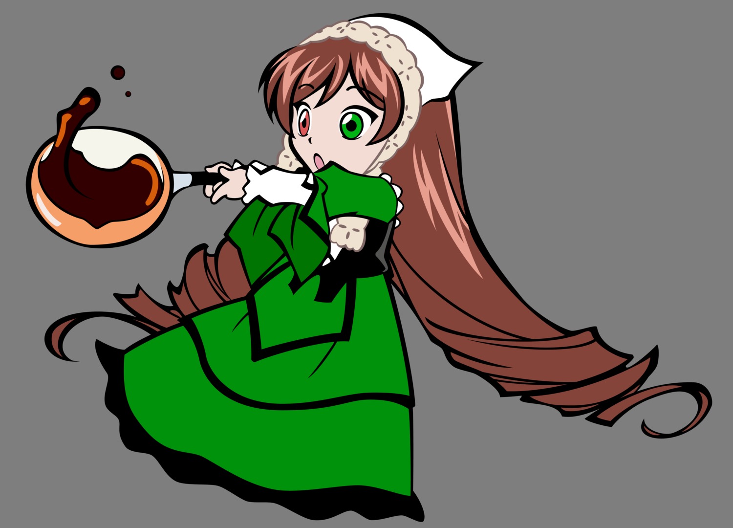 1girl :o brown_hair dress drill_hair frills full_body green_dress green_eyes heterochromia image long_hair long_sleeves open_mouth parody red_eyes solo style_parody suiseiseki transparent_background very_long_hair