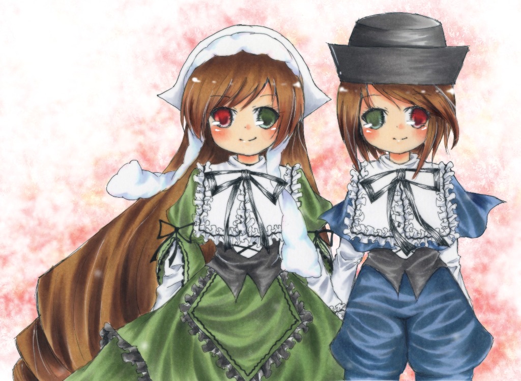 2girls blue_dress brown_hair dress frills green_dress green_eyes hat head_scarf heterochromia image long_hair long_sleeves looking_at_viewer multiple_girls pair red_eyes short_hair siblings sisters smile souseiseki suiseiseki top_hat twins very_long_hair