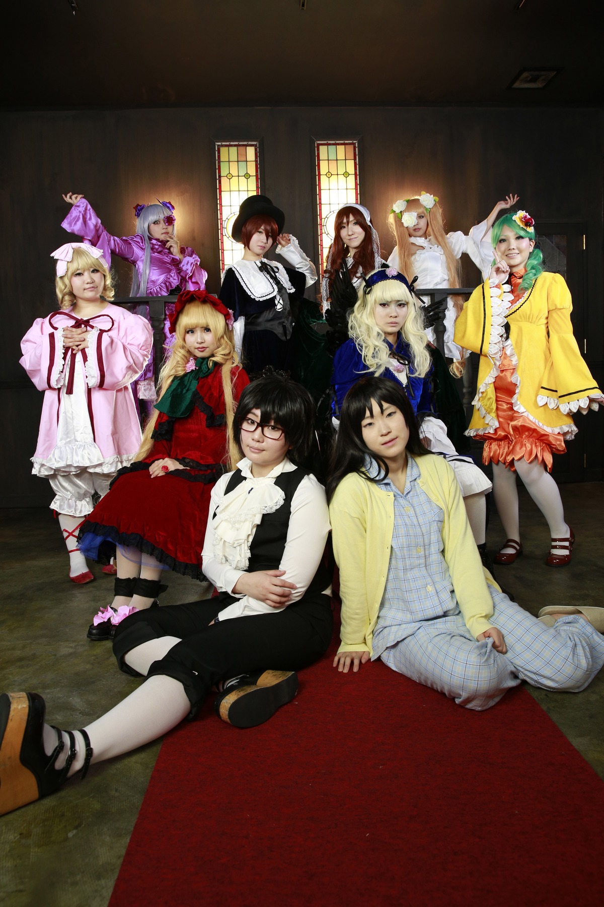 black_hair blonde_hair closed_eyes dress fur_trim hat long_hair long_sleeves multiple_boys multiple_cosplay multiple_girls pants short_hair sitting tagme