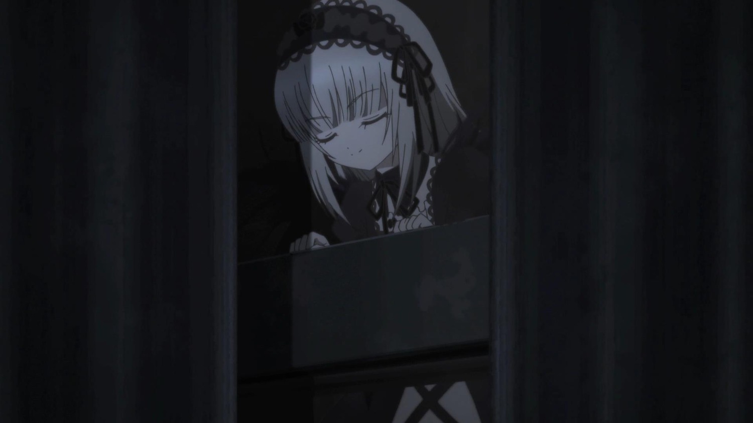 1girl bangs black_ribbon closed_eyes closed_mouth curtains dress eyebrows_visible_through_hair hairband image lolita_fashion long_hair long_sleeves peeking_out ribbon solo suigintou