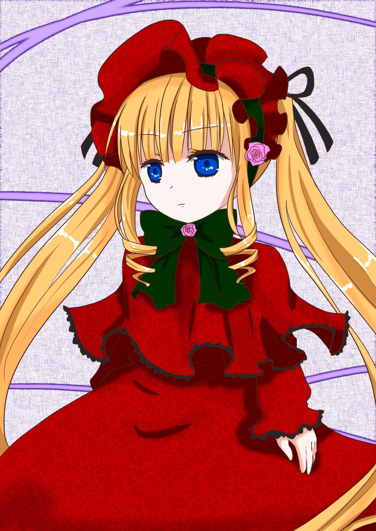 1girl blonde_hair blue_eyes bonnet bow bowtie capelet dress flower green_bow image long_hair long_sleeves looking_at_viewer red_dress shinku solo twintails