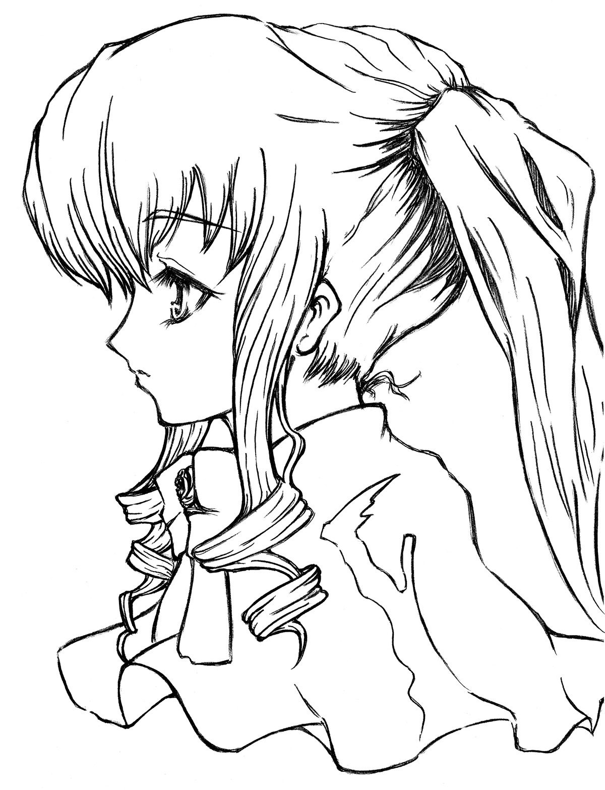 1girl bangs drill_hair eyebrows_visible_through_hair greyscale image long_hair monochrome ponytail profile shinku sidelocks simple_background solo upper_body white_background