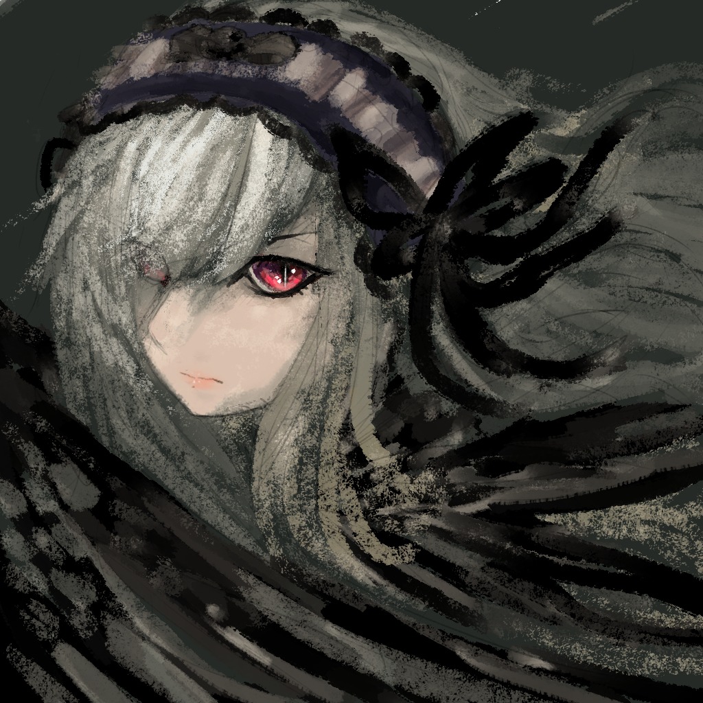 1girl bangs black_background closed_mouth dress face hairband image long_hair looking_at_viewer red_eyes solo suigintou