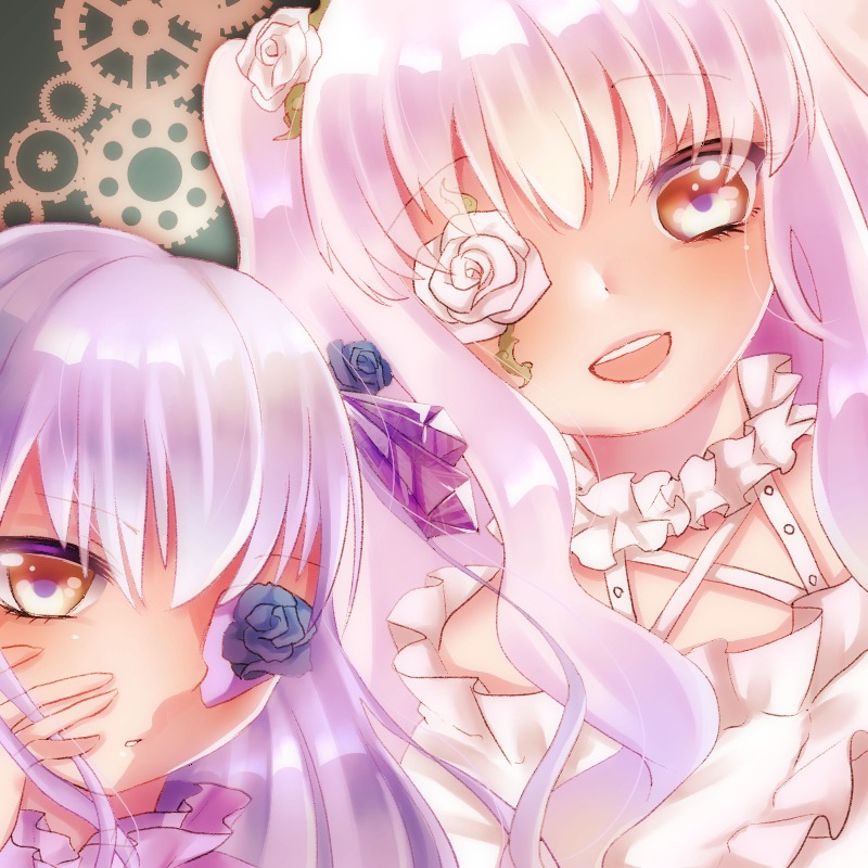 2girls barasuishou eyepatch flower image kirakishou long_hair multiple_girls open_mouth pair pink_eyes pink_rose rose smile white_flower white_rose yellow_eyes