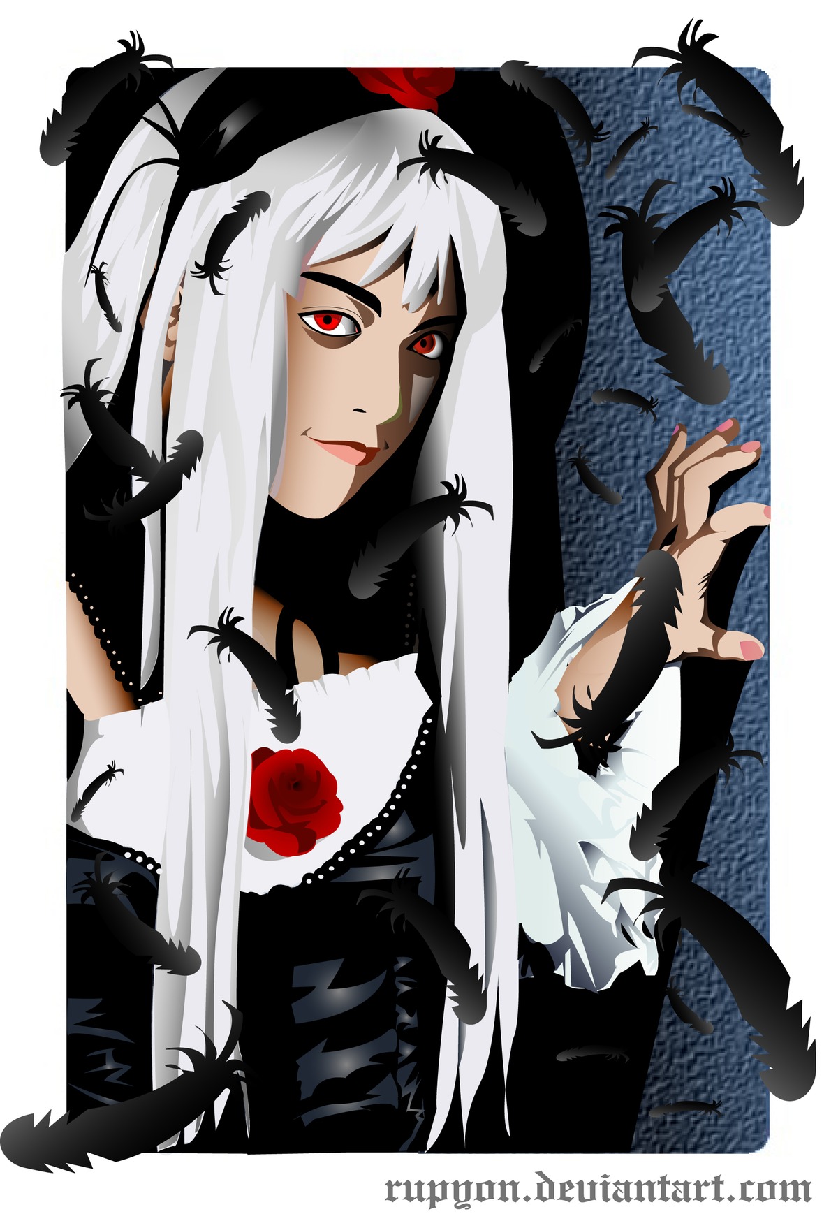 1girl animal bird black_nails crow feathers fingernails flower image long_hair nail_polish red_eyes rose solo suigintou white_hair