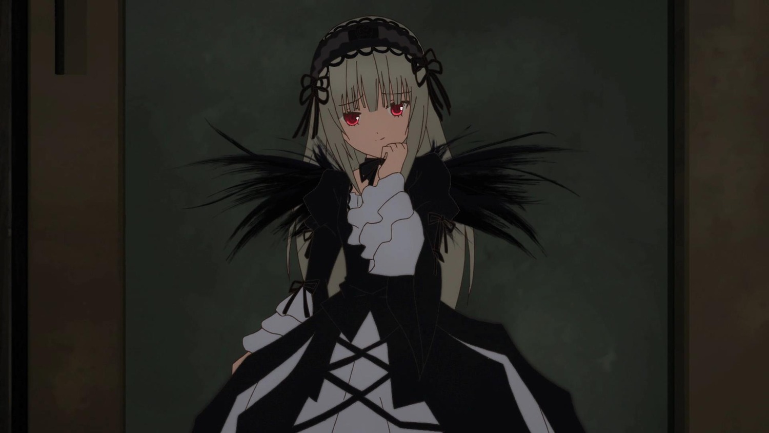 1girl bangs black_dress black_ribbon black_wings closed_mouth dress frills hairband hand_to_own_mouth image juliet_sleeves long_hair long_sleeves looking_at_viewer puffy_sleeves red_eyes ribbon rose silver_hair solo suigintou wings
