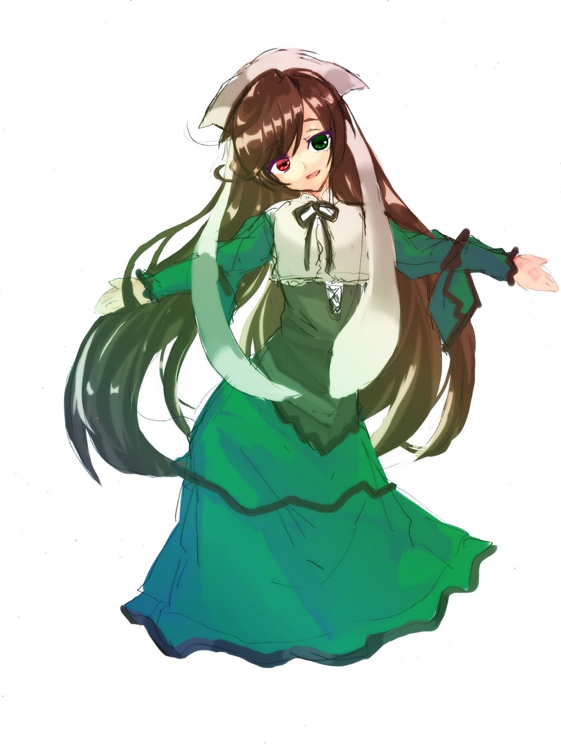 1girl brown_hair dress frills green_dress green_eyes heterochromia image long_hair long_sleeves looking_at_viewer red_eyes simple_background smile solo suiseiseki very_long_hair white_background