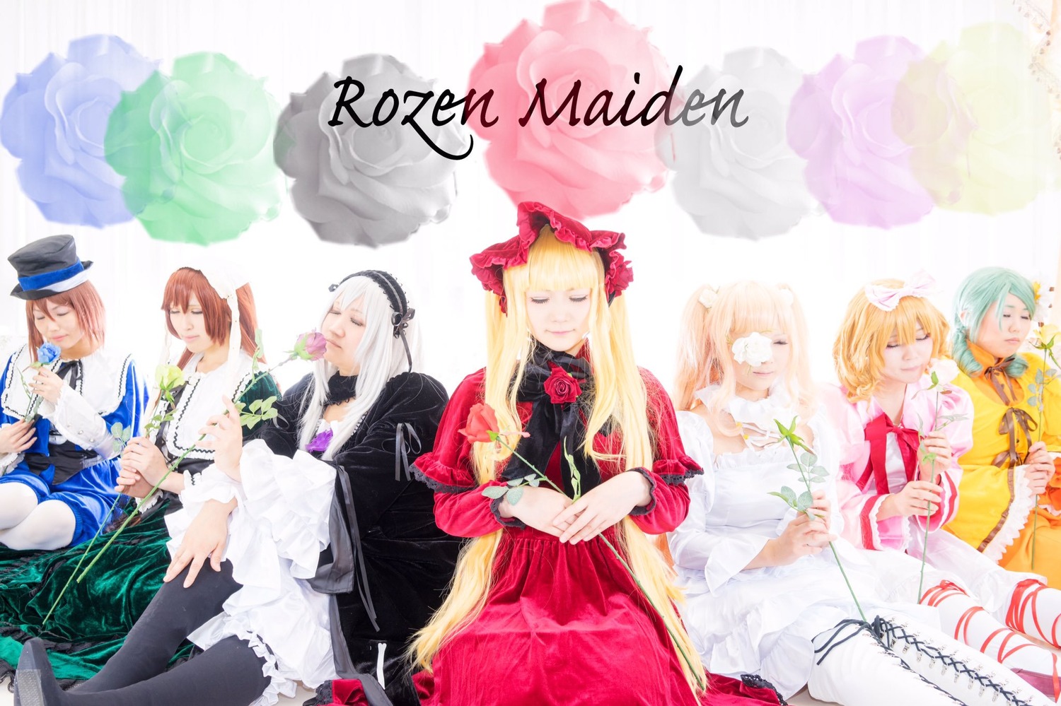 6+girls blonde_hair bow brown_hair cane closed_eyes dress flower frills hair_ornament hat long_hair multiple_boys multiple_cosplay multiple_girls shinku short_hair siblings silver_hair souseiseki suigintou tagme top_hat