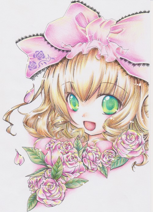 1girl blonde_hair bouquet colored_pencil_(medium) flower green_eyes hat hinaichigo image open_mouth pink_flower pink_rose purple_flower purple_rose red_rose rose short_hair smile solo striped traditional_media watercolor_(medium) white_rose