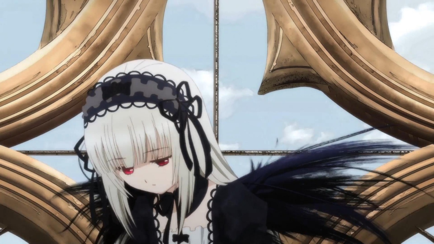 1girl bangs black_wings detached_collar dress frills hairband image long_hair long_sleeves red_eyes silver_hair sky solo suigintou wings