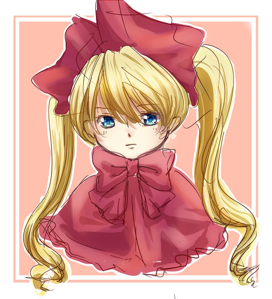 1girl bangs blonde_hair blue_eyes bow bowtie capelet cropped_torso eyebrows_visible_through_hair hair_between_eyes hat image long_hair looking_at_viewer pink_background portrait red_bow shinku solo striped striped_background twintails upper_body