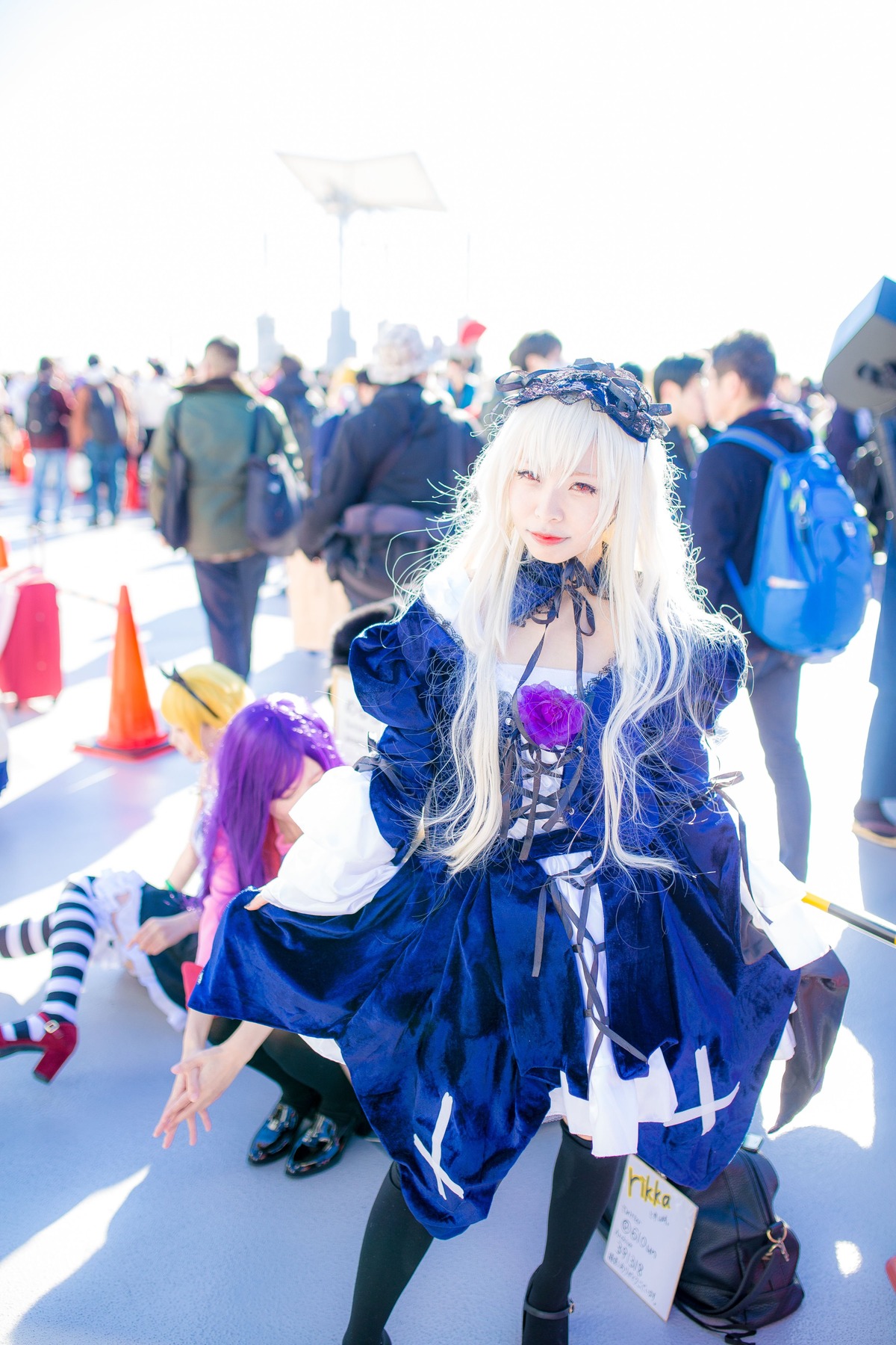 2girls blurry blurry_background blurry_foreground depth_of_field dress flower long_hair multiple_girls purple_hair ribbon rose solo suigintou