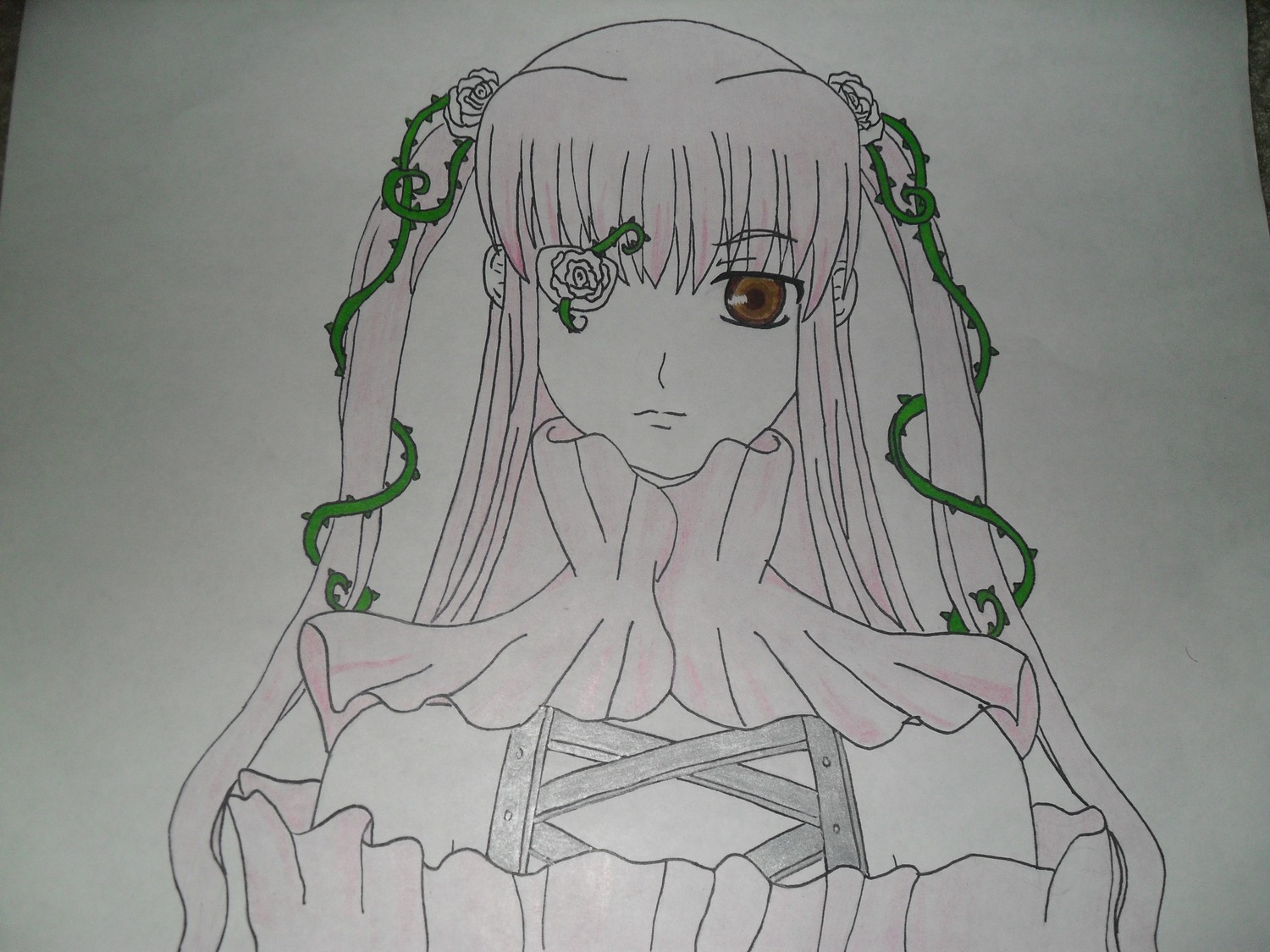 1girl bangs closed_mouth expressionless flower image kirakishou leaf long_hair looking_at_viewer photo pink_hair plant red_eyes rose solo thorns traditional_media upper_body vines