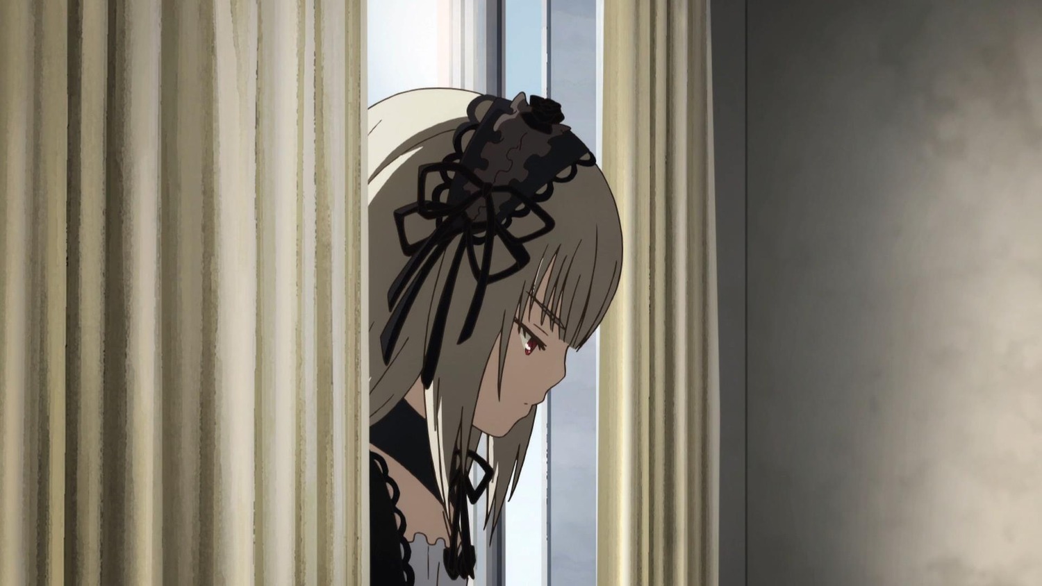 1girl bangs black_dress black_ribbon closed_mouth curtains dress hairband image indoors long_hair profile red_eyes ribbon silver_hair solo suigintou window