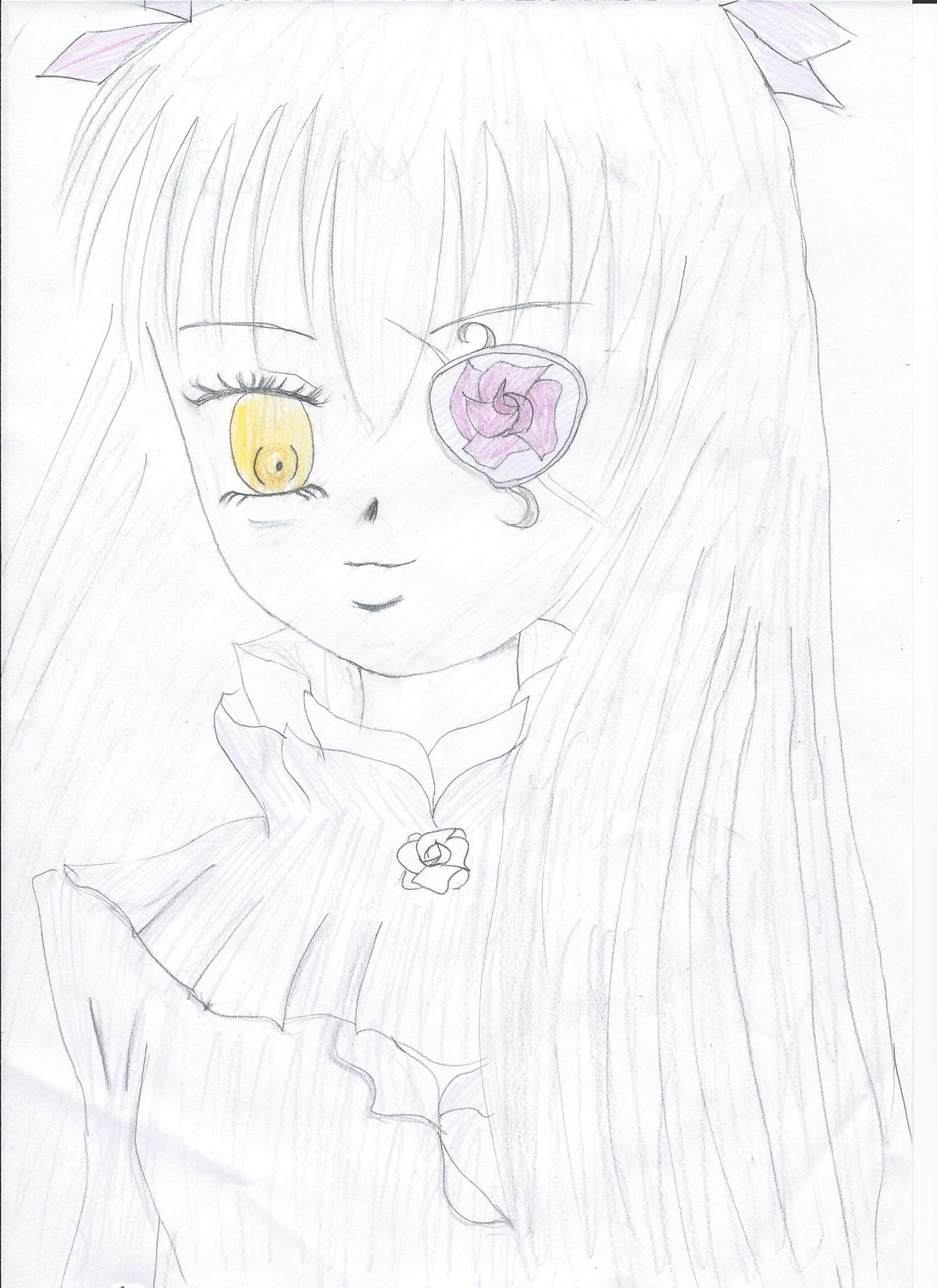 1girl barasuishou flower graphite_(medium) hair_ribbon image long_hair looking_at_viewer monochrome ribbon rose simple_background smile solo traditional_media ultimate_madoka white_background yellow_eyes