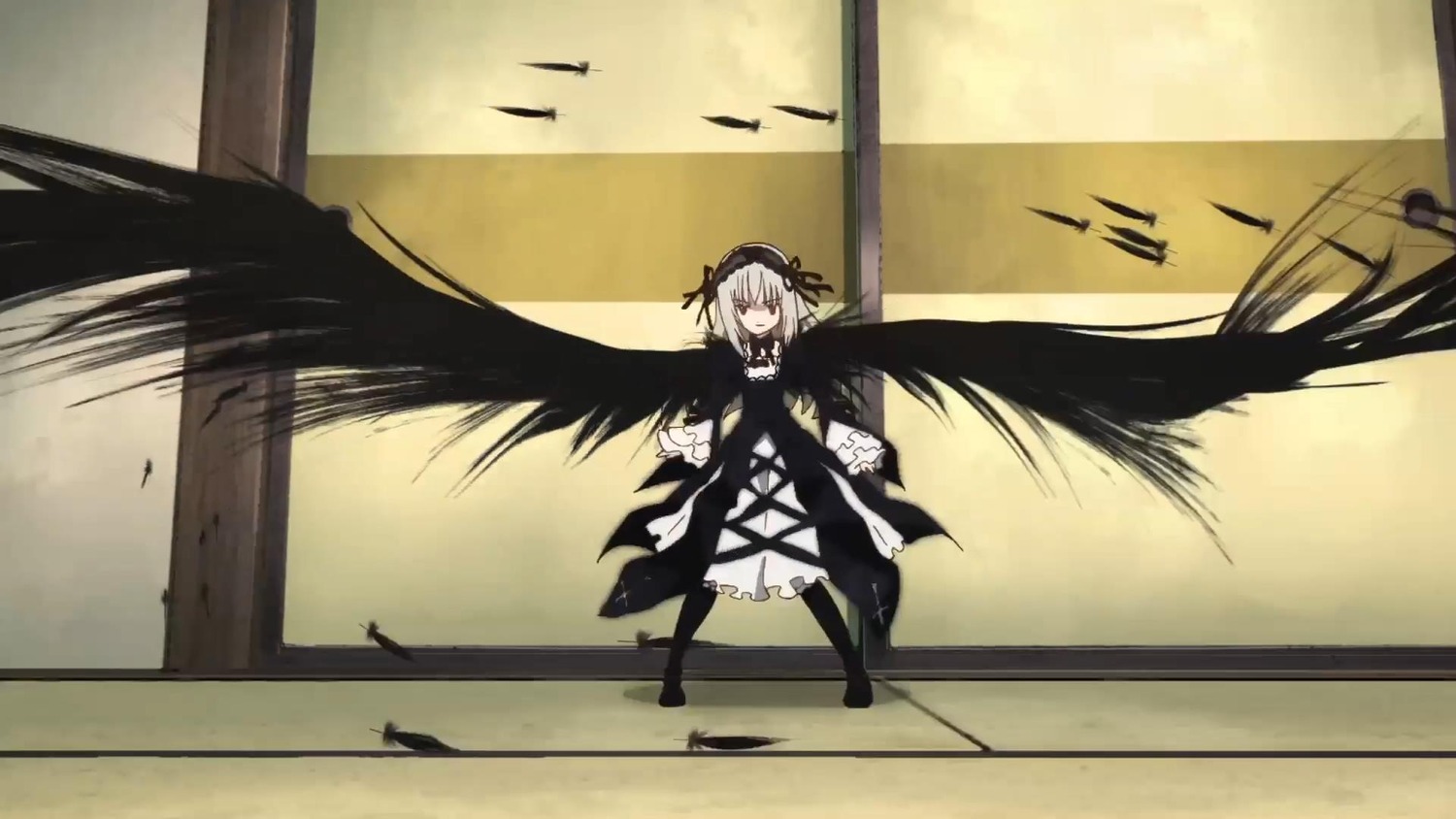 1girl black_feathers black_footwear black_wings boots dress feathers frills hairband image long_hair long_sleeves silver_hair solo standing suigintou very_long_hair wings