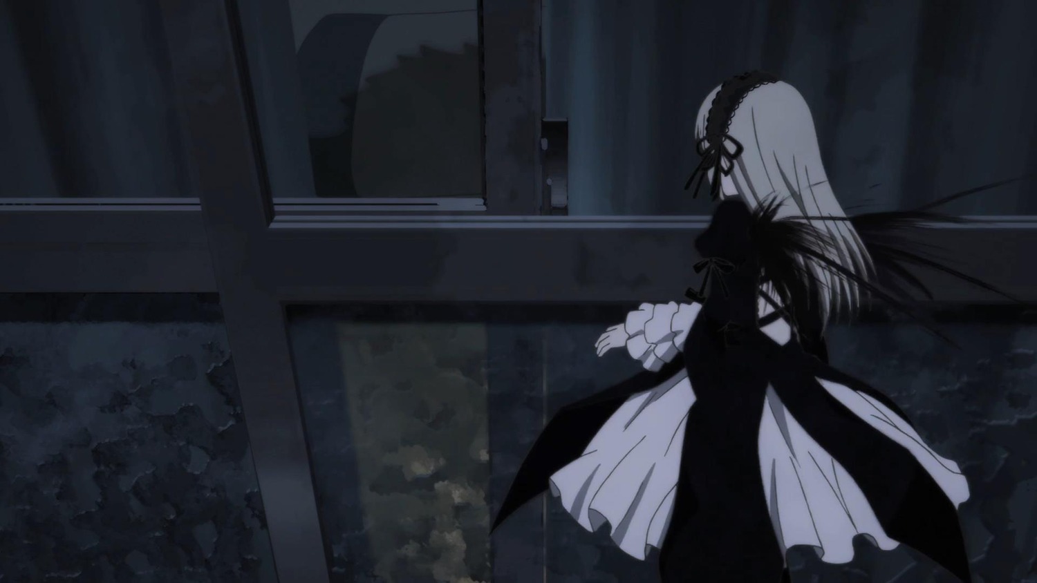 black_dress dress hairband image lolita_hairband long_hair long_sleeves monochrome solo standing suigintou wings