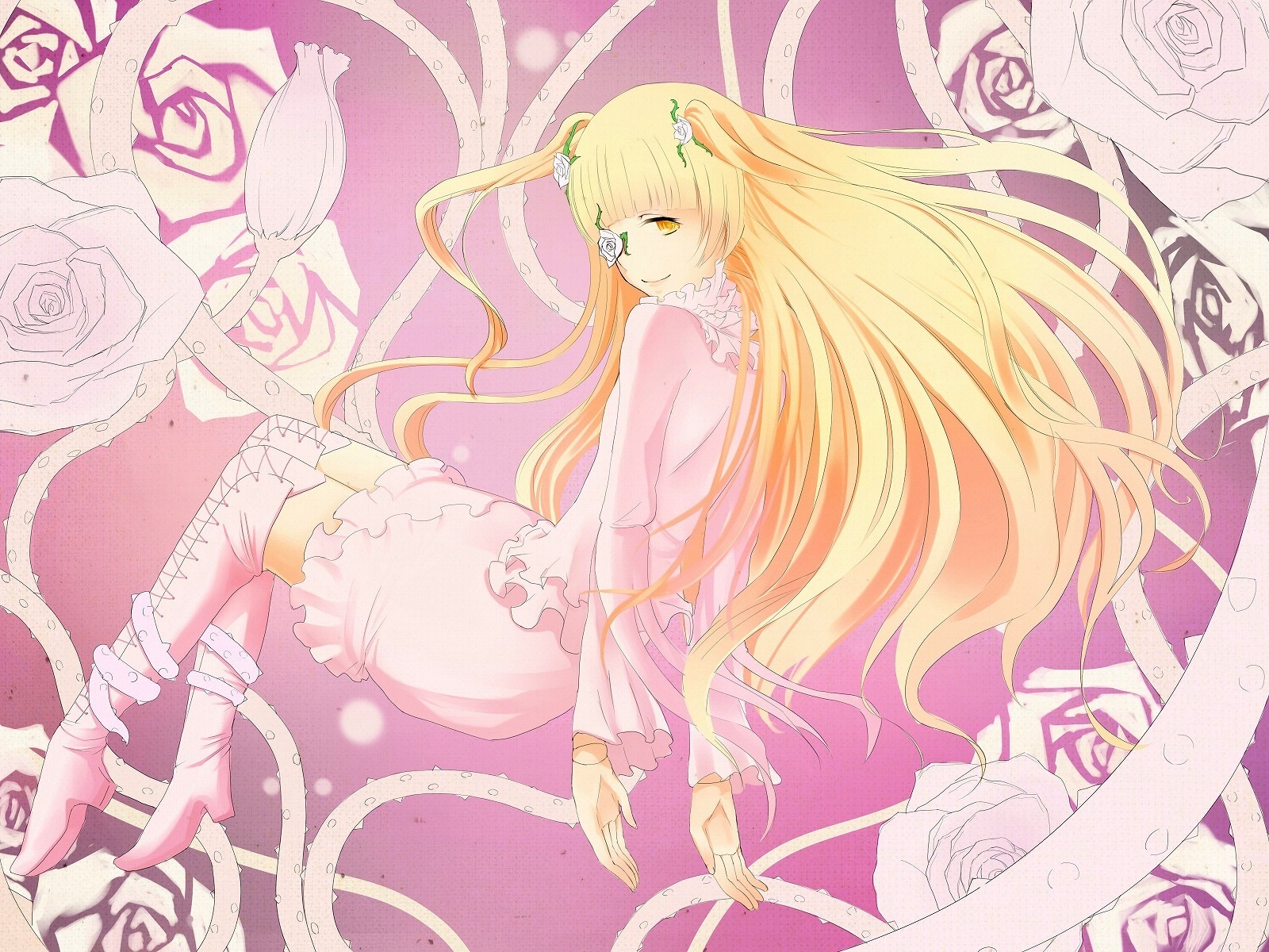 1girl black_flower black_rose blonde_hair blue_rose boots flower frills green_flower hair_ornament high_heels image kirakishou long_hair pink_flower pink_rose purple_rose red_flower red_rose rose rose_petals solo thighhighs thorns very_long_hair vines white_flower white_rose yellow_eyes yellow_rose