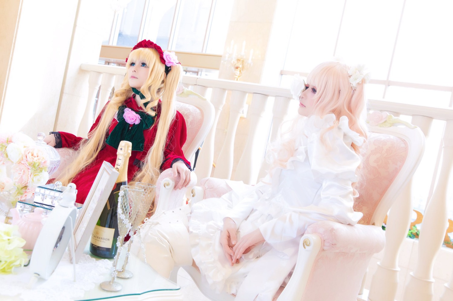 blonde_hair blue_eyes curtains dress flower long_hair mirror multiple_cosplay sitting tagme window