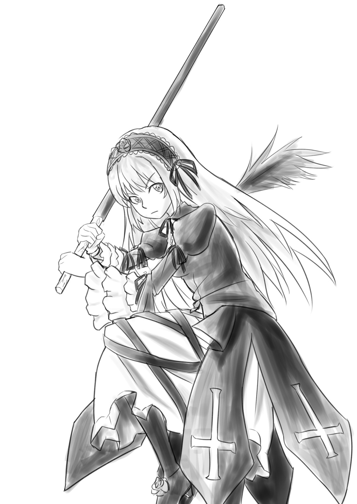 1girl boots dress eyebrows_visible_through_hair frills full_body greyscale hairband holding holding_sword holding_weapon image long_hair long_sleeves looking_at_viewer monochrome ribbon solo standing suigintou sword weapon wings