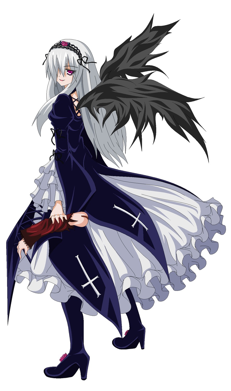 1girl black_wings boots dress frilled_sleeves frills full_body hairband high_heel_boots high_heels image long_hair long_sleeves looking_at_viewer puffy_sleeves silver_hair solo suigintou wings