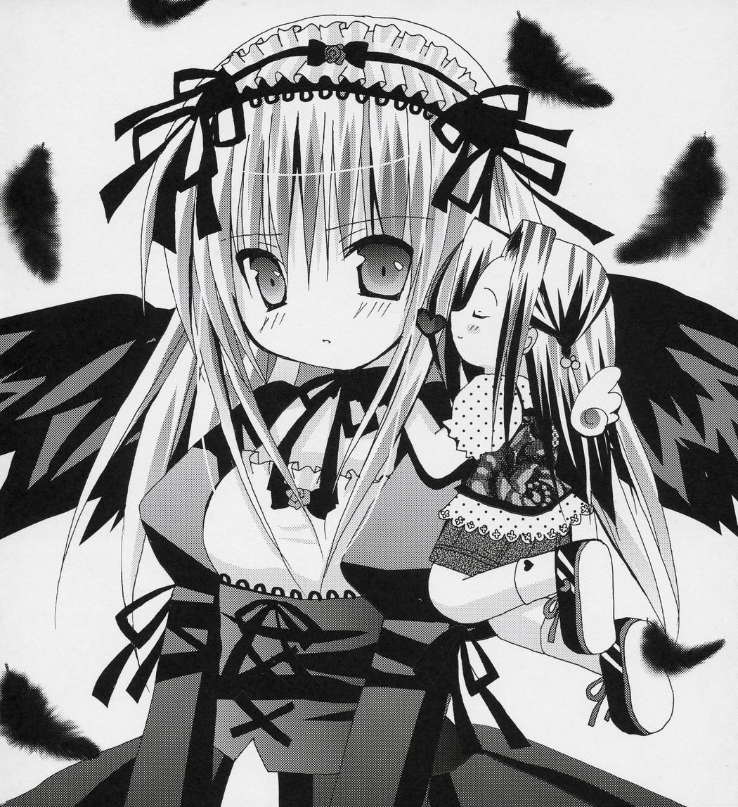 2girls angel_wings bird black_feathers black_wings blush dress feathered_wings feathers greyscale hairband image jewelry kakizaki_megu lace long_hair long_sleeves monochrome multiple_girls ribbon solo suigintou wings