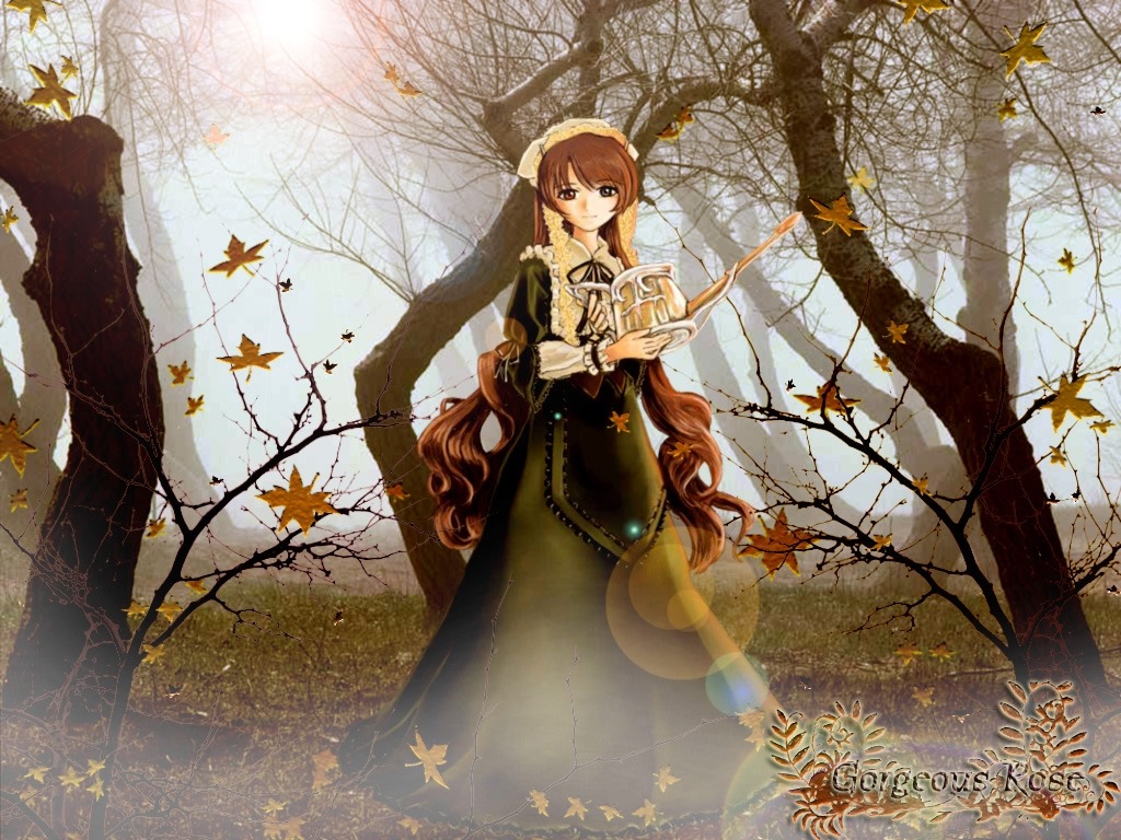 1girl autumn autumn_leaves bonnet brown_eyes brown_hair dress falling_leaves head_scarf holding_leaf image leaf long_hair looking_at_viewer maple_leaf outdoors solo standing suiseiseki tree very_long_hair