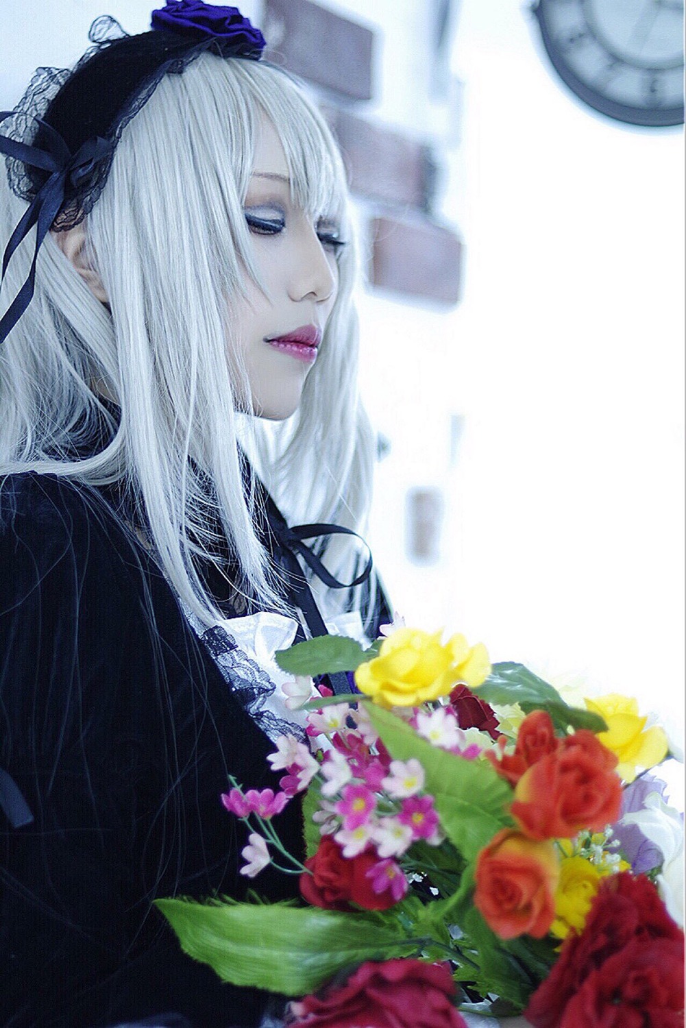 1girl blurry flower hair_ornament lips long_hair profile red_flower red_rose ribbon rose solo suigintou white_hair