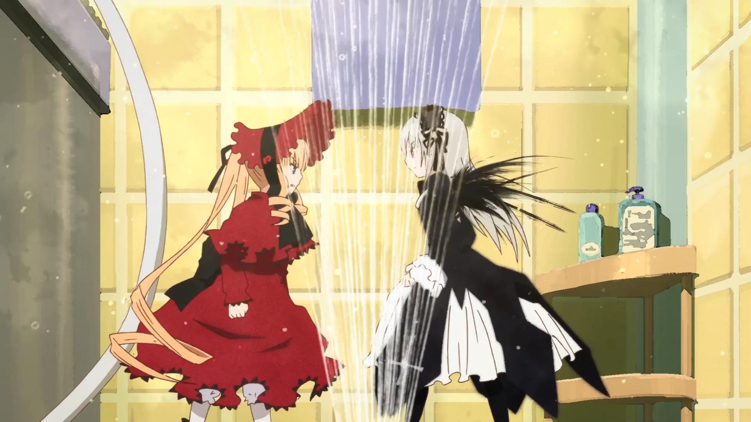 curtains dress image indoors long_hair long_sleeves pair shinku silver_hair standing suigintou torn_clothes very_long_hair window wings