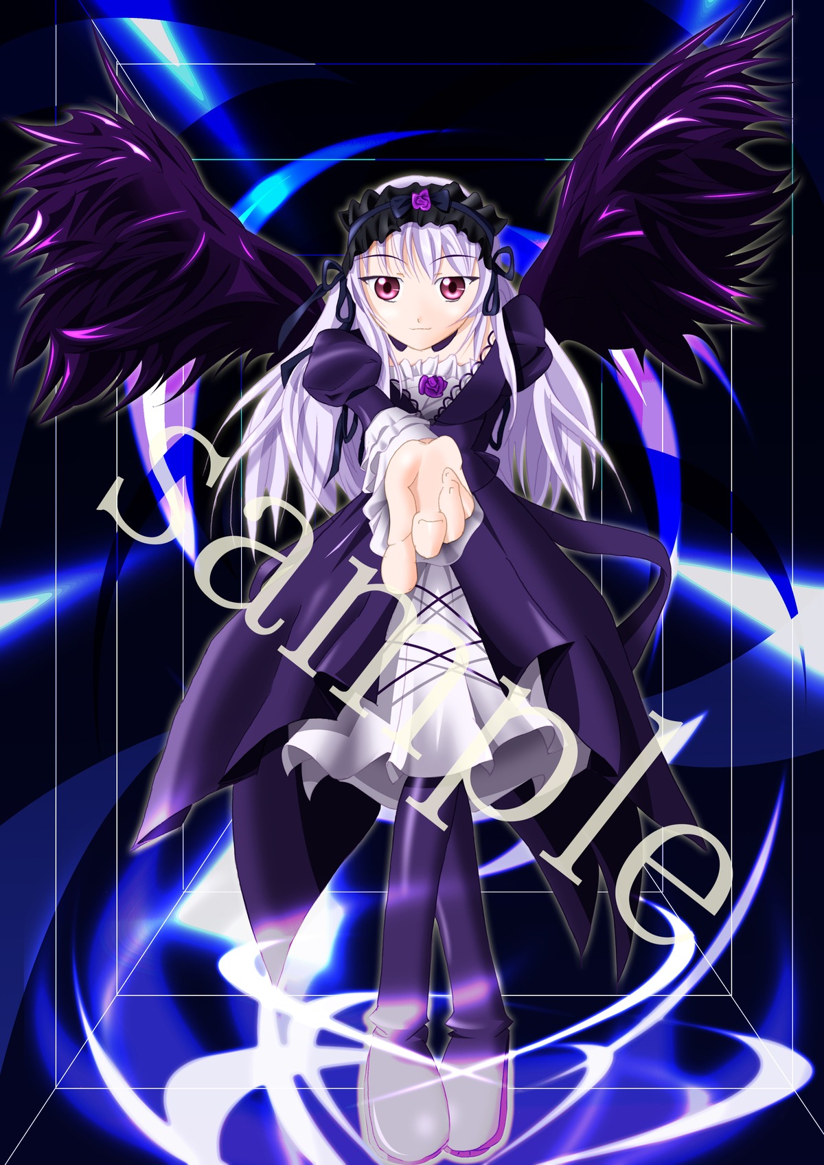 1girl black_wings boots dress frills full_body hairband image long_hair long_sleeves looking_at_viewer purple_flower ribbon rose solo suigintou wings