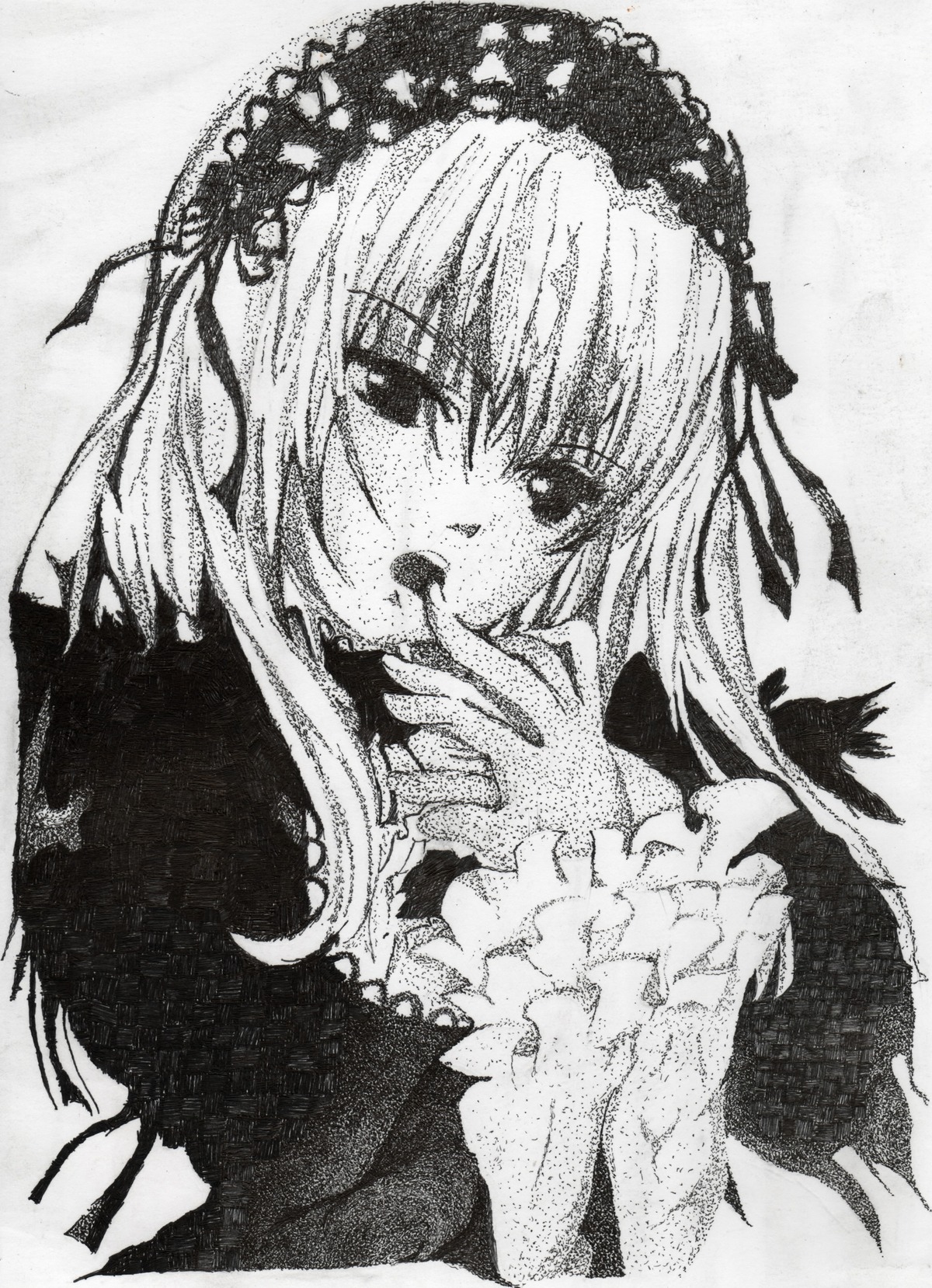 1girl dress flower greyscale hairband image long_hair long_sleeves looking_at_viewer monochrome ribbon rose simple_background solo suigintou traditional_media upper_body wings