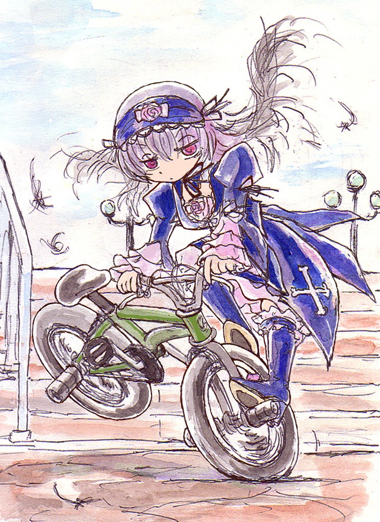 1girl bangs bicycle boots closed_mouth dress frills ground_vehicle image long_hair long_sleeves looking_at_viewer motorcycle ribbon riding solo suigintou thighhighs traditional_media