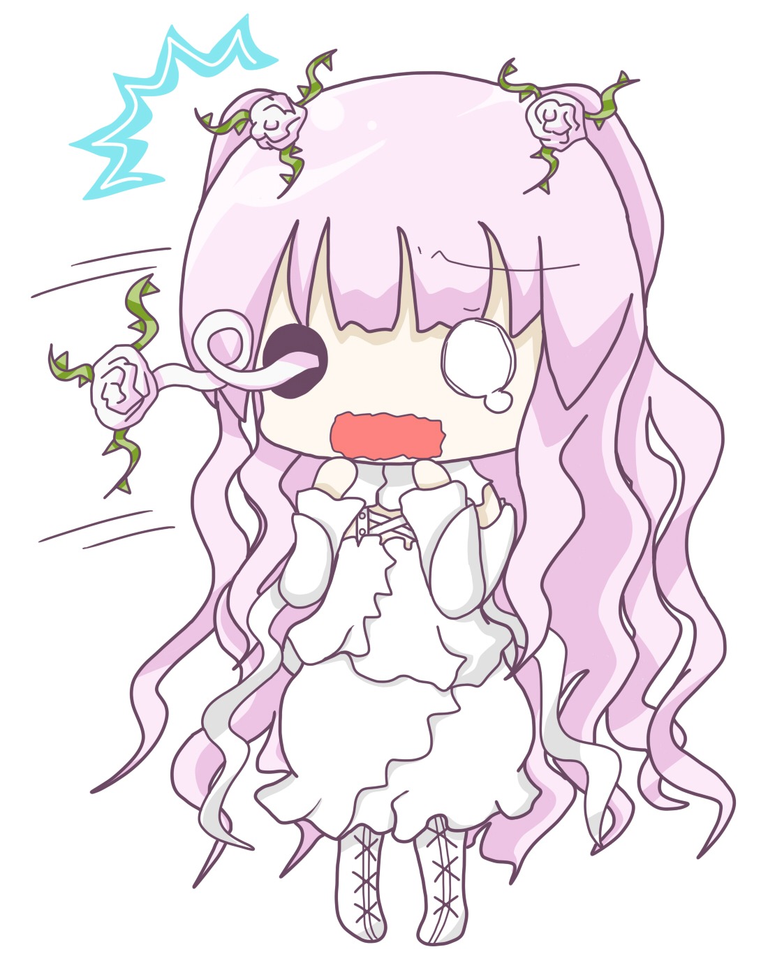 1girl dress flower image kirakishou long_hair long_sleeves open_mouth pink_hair plant solo tears thorns very_long_hair vines wavy_mouth white_dress