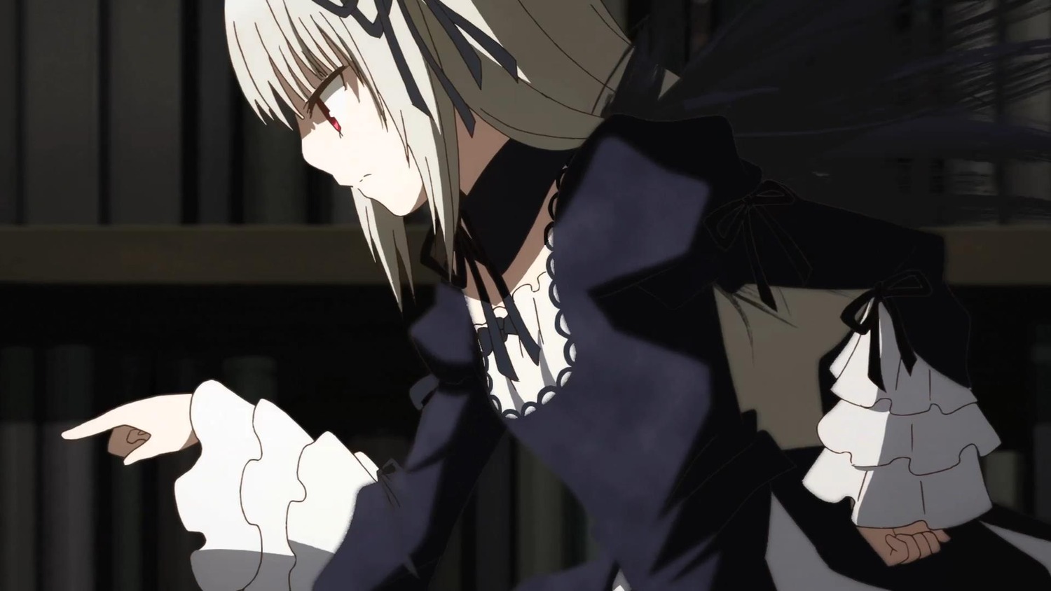 1girl black_dress black_ribbon closed_mouth dress expressionless frilled_sleeves frills from_side hairband image juliet_sleeves long_hair long_sleeves profile puffy_sleeves red_eyes ribbon silver_hair solo suigintou upper_body very_long_hair wings