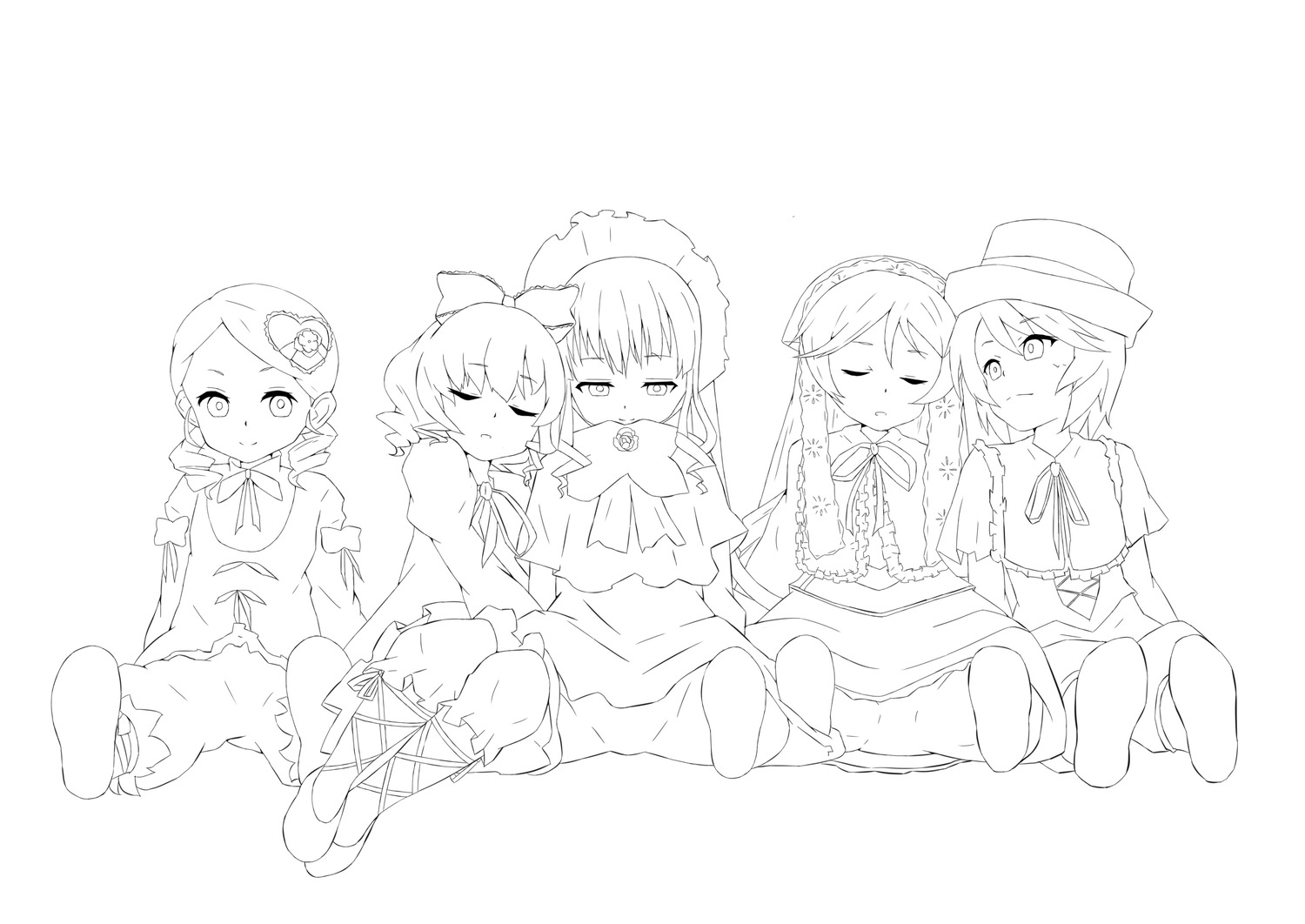 5girls blush bow closed_eyes dress hair_ornament hat image lineart long_hair monochrome multiple multiple_girls pantyhose short_hair sitting tagme