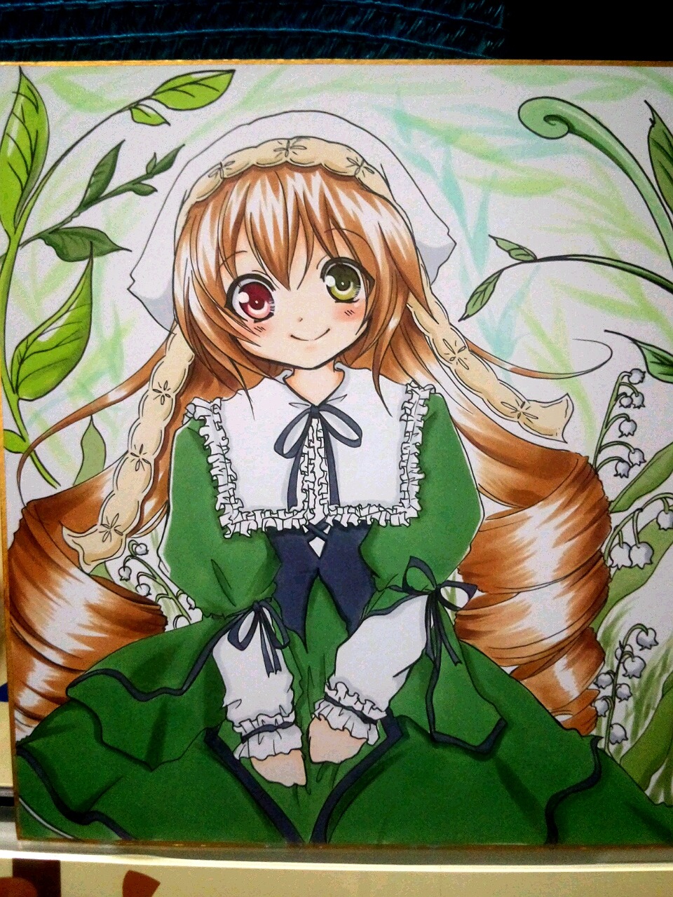 1girl brown_hair dress drill_hair frills green_dress green_eyes heterochromia image long_hair long_sleeves looking_at_viewer marker_(medium) pastel_(medium) puffy_sleeves red_eyes smile solo suiseiseki traditional_media twin_drills very_long_hair watercolor_(medium)