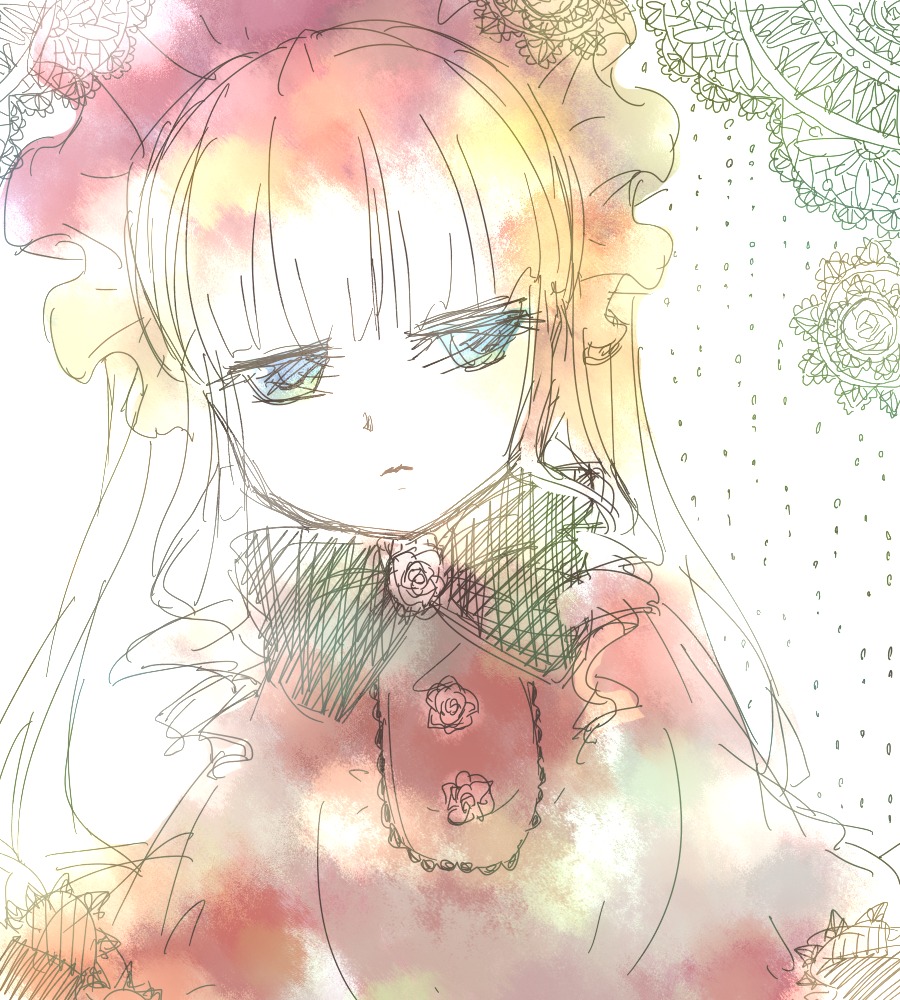 1girl bangs blonde_hair blue_eyes blunt_bangs eyebrows_visible_through_hair flower image long_hair rose shinku signature solo upper_body