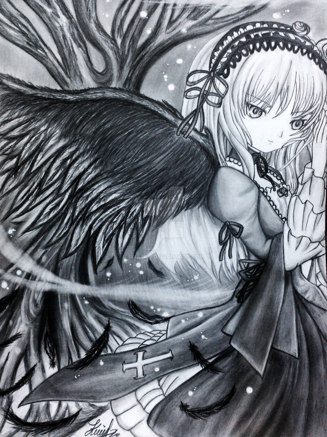 1girl black_wings dress flower frills greyscale hairband image lolita_hairband long_hair long_sleeves looking_at_viewer monochrome ribbon rose signature solo suigintou traditional_media very_long_hair wings