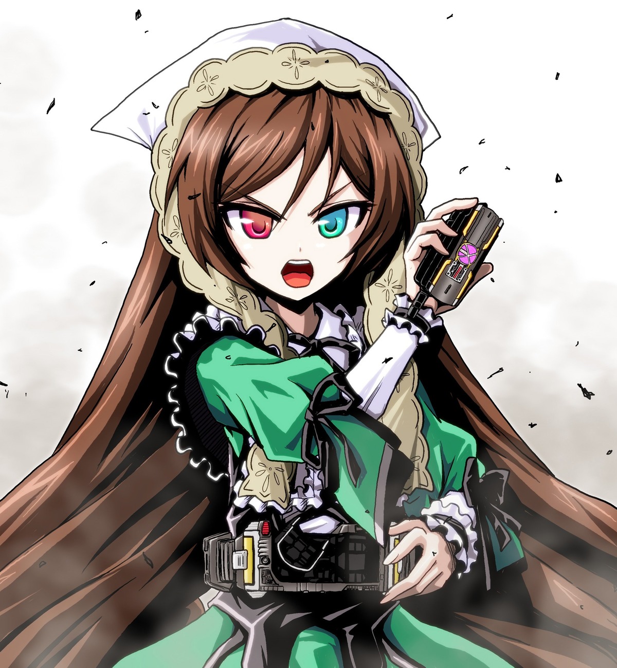 1girl black_ribbon bonnet brown_hair commentary_request dress frills green_dress green_eyes gun head_scarf heterochromia highres holding image kamen_rider kamen_rider_555 kamishima_kanon long_hair long_sleeves open_mouth puffy_sleeves red_eyes ribbon rozen_maiden solo suiseiseki upper_body very_long_hair weapon