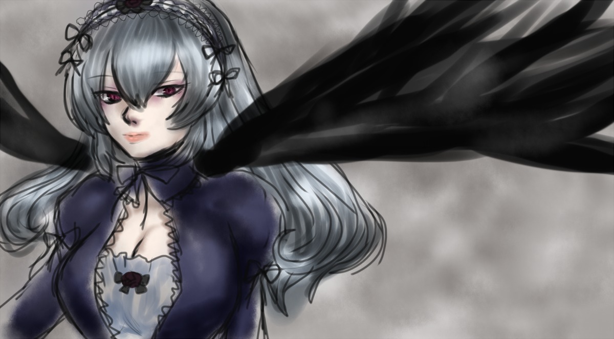 1girl black_wings breasts cleavage closed_mouth dress flower frills gothic_lolita hairband image large_breasts lips lolita_hairband long_hair long_sleeves looking_at_viewer puffy_sleeves red_eyes silver_hair solo suigintou upper_body very_long_hair wings