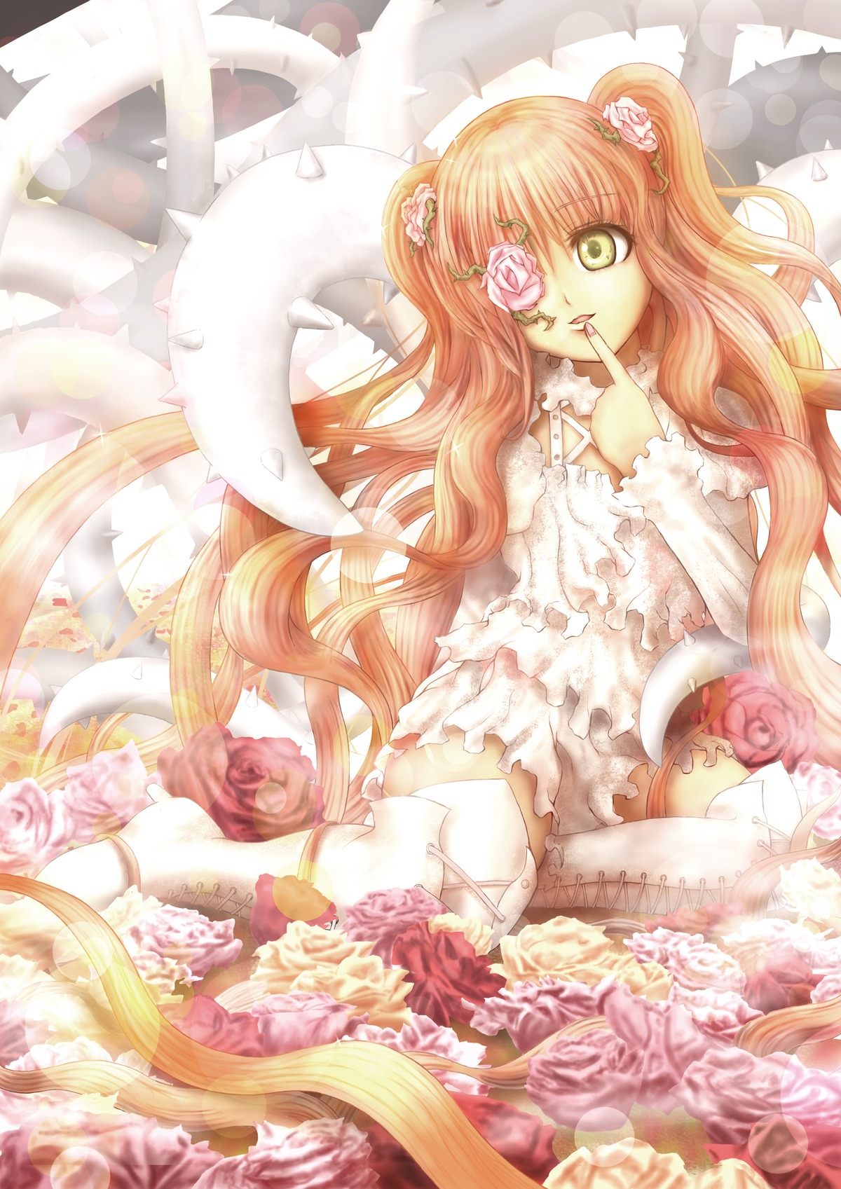 1girl blonde_hair dress finger_to_mouth flower frills hair_flower hair_ornament image kirakishou long_hair pink_flower pink_hair pink_rose rose sitting solo thighhighs thorns two_side_up very_long_hair vines wings