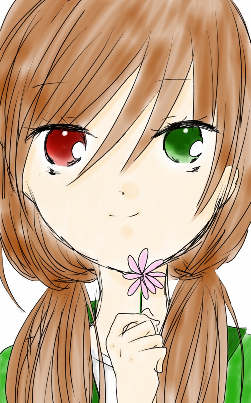 1girl auto_tagged bangs brown_hair closed_mouth eyebrows_visible_through_hair flower hair_between_eyes holding holding_flower image long_hair looking_at_viewer red_eyes simple_background smile solo striped suiseiseki twintails white_background