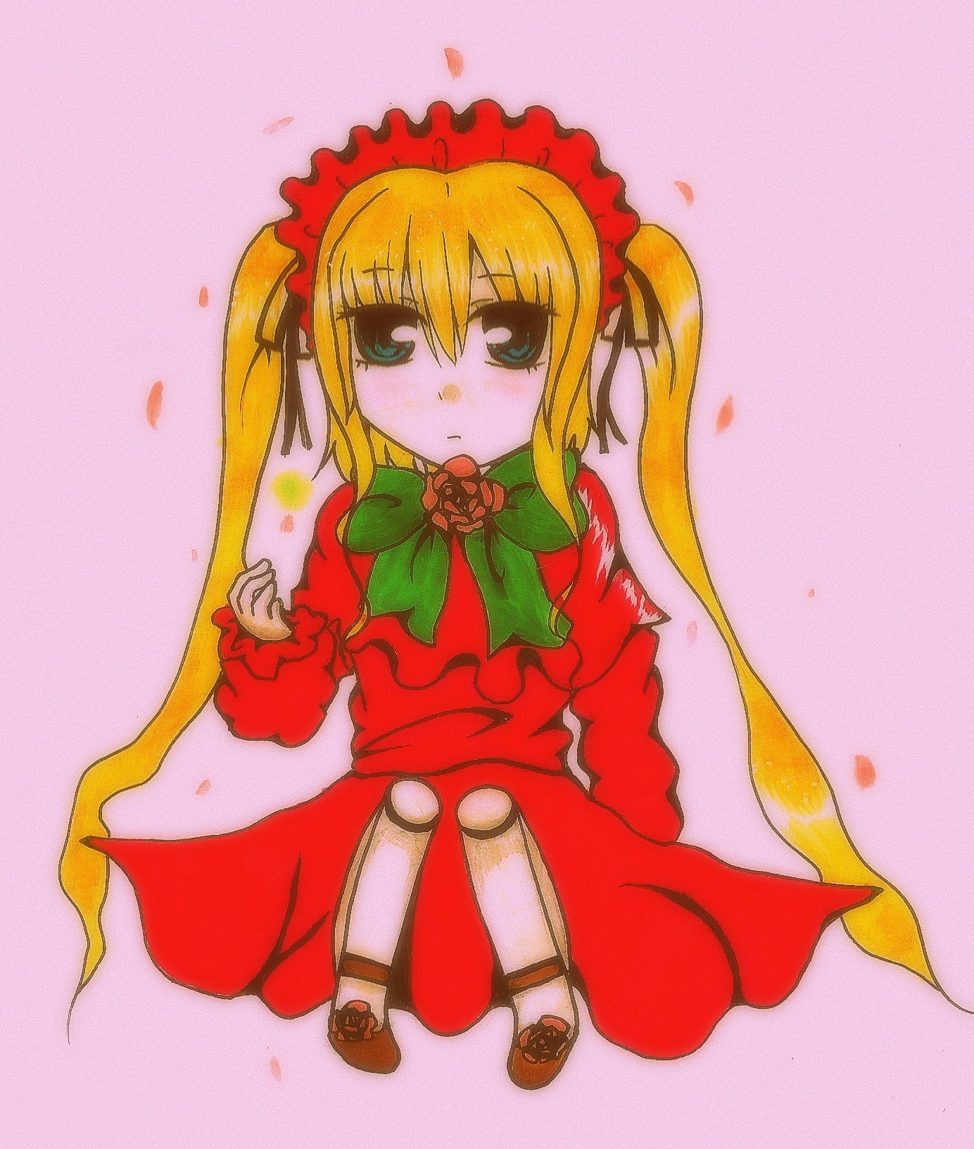 1girl blonde_hair blue_eyes bow dress flower full_body green_bow image long_hair long_sleeves looking_at_viewer petals pink_background red_dress rose rose_petals shinku sidelocks simple_background sitting solo standing traditional_media twintails