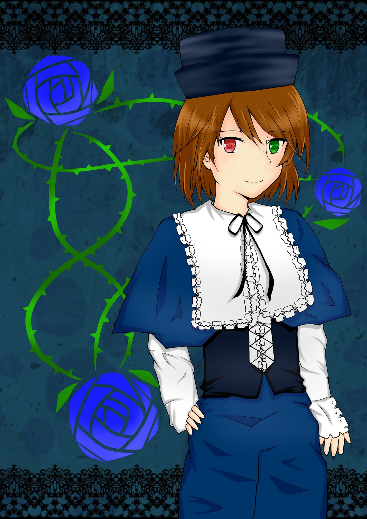 1girl blue_dress blue_flower blue_rose brown_hair capelet dress flower green_eyes hand_on_hip hat heterochromia image long_sleeves looking_at_viewer purple_rose red_eyes rose short_hair smile solo souseiseki