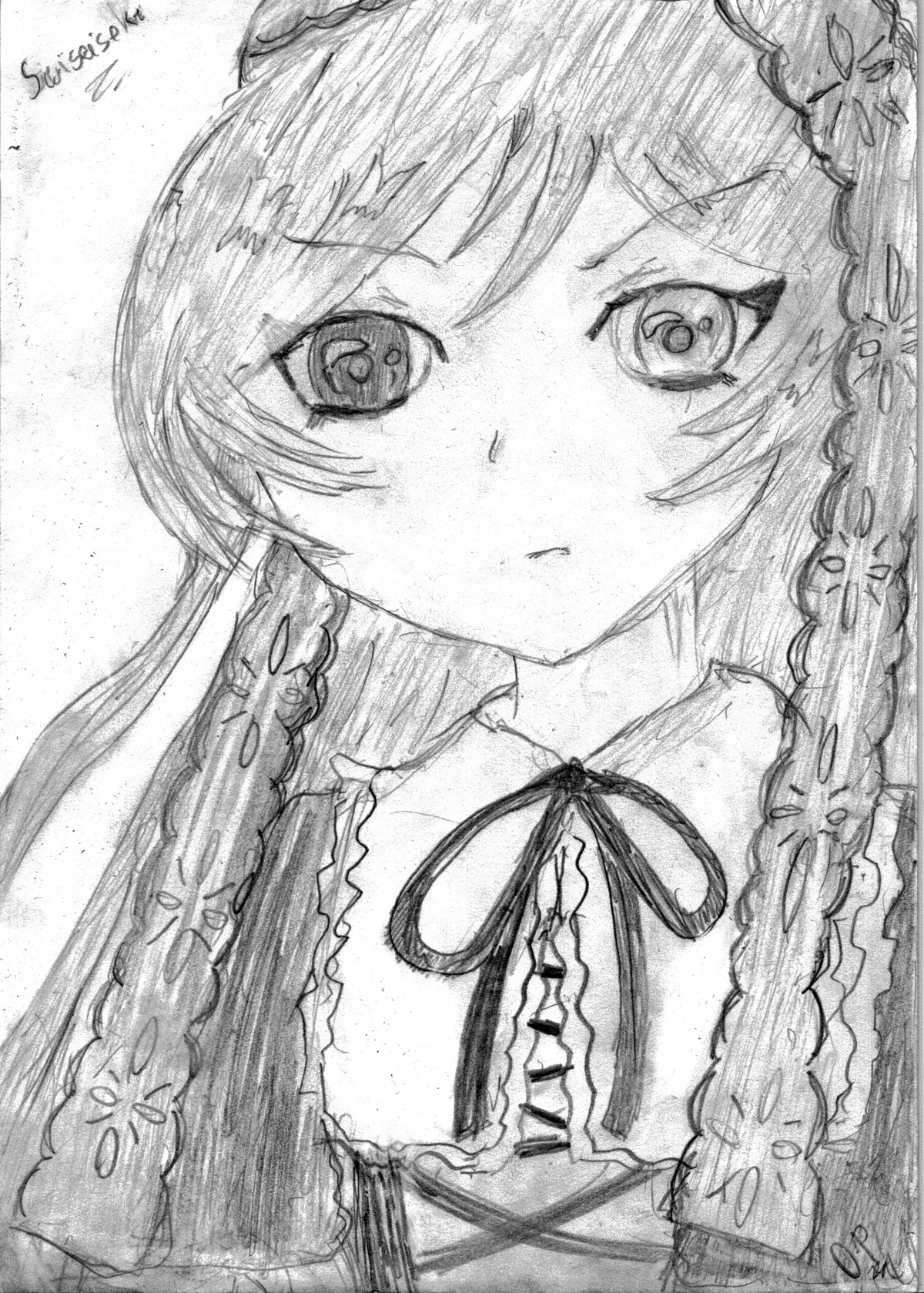 1girl braid eyebrows_visible_through_hair graphite_(medium) greyscale image long_hair looking_at_viewer monochrome neck_ribbon ribbon solo suiseiseki traditional_media twin_braids upper_body