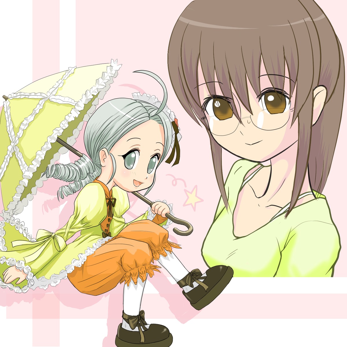 2girls ahoge brown_eyes brown_hair dress glasses holding_umbrella image kanaria kusabue_mitsu long_hair long_sleeves multiple_girls parasol shoes silver_hair smile solo star_(symbol) striped umbrella