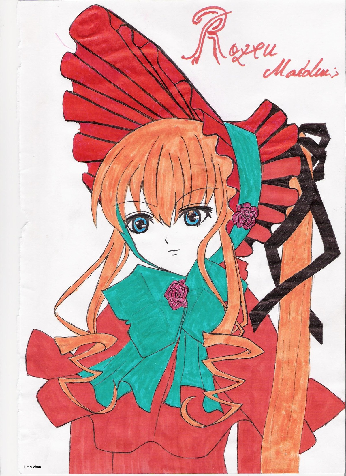 1girl blue_eyes bonnet bow bowtie dress flower frills image long_hair looking_at_viewer marker_(medium) red_capelet rose shinku simple_background solo traditional_media umbrella white_background