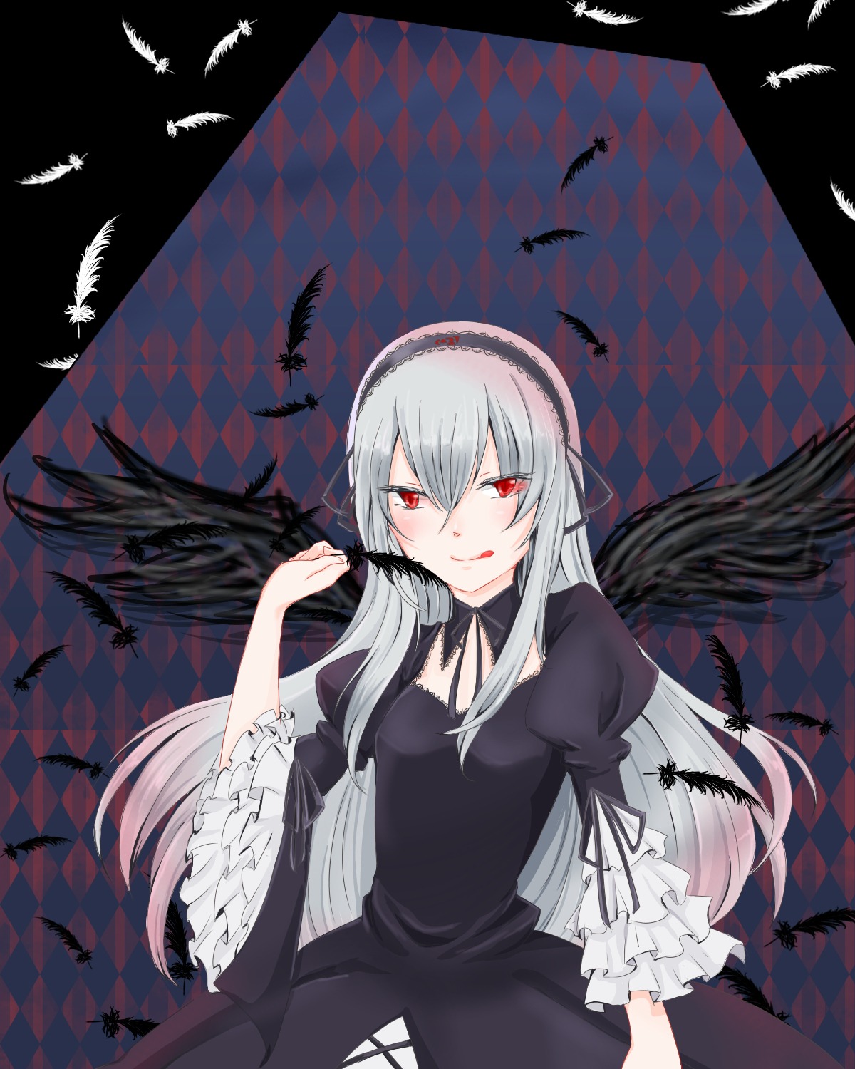 1girl :q argyle argyle_background argyle_legwear bat bird black_feathers board_game bug butterfly checkered checkered_background checkered_floor checkered_kimono checkered_skirt chess_piece crow dove dress feathers hairband image insect long_hair perspective plaid_background red_eyes seagull silver_hair solo suigintou tile_floor tile_wall tiles tongue tongue_out vanishing_point wings